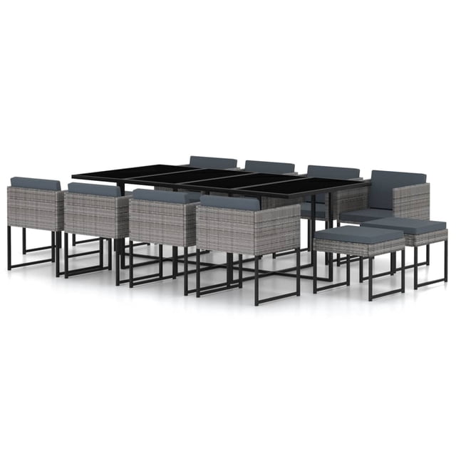 vidaXL 13 Piece Garden Dining Set with Cushions Poly Rattan Grey