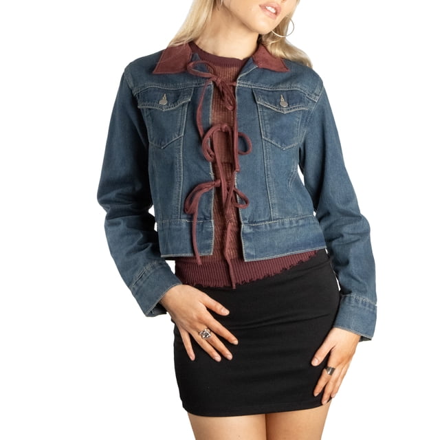 Jess por Meiko Chaquetas de Mujer de Manga Larga con Cuello, Chaqueta de Denim con Color Contrastante, S Verde Lavado Denim / Burdeos
