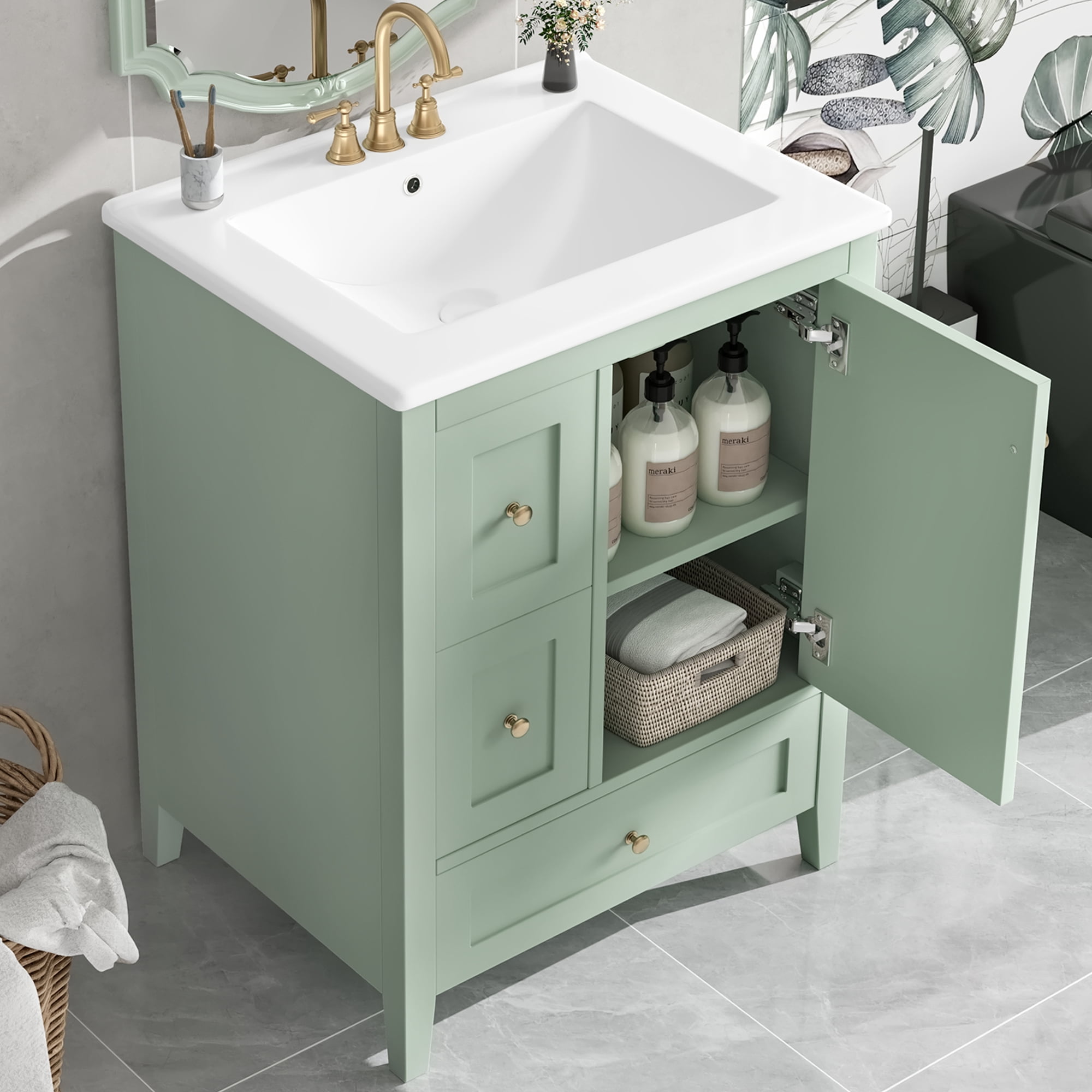 Euroco "24-Inch Bathroom Vanity with Storage, Adjustable Shelf, MDF & Rubberwood, Removable Dividers, Green Finish"