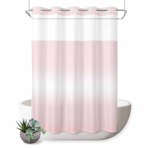 No Hook Shower Curtain, Pink Ombre Shower Curtains for Bathroom with See Through Top Window, Aesthetic Art Farmhouse Gradient Pink Waterproof & Washable Bath Curtain Extra Long 72"x96"