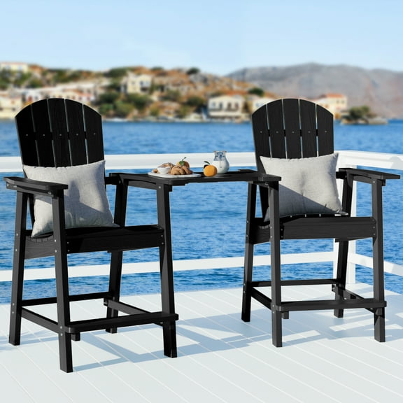 WINSOON Tall Adirondack Chair Set of 2 with Connecting Tray,Outdoor Bar Stools-Black