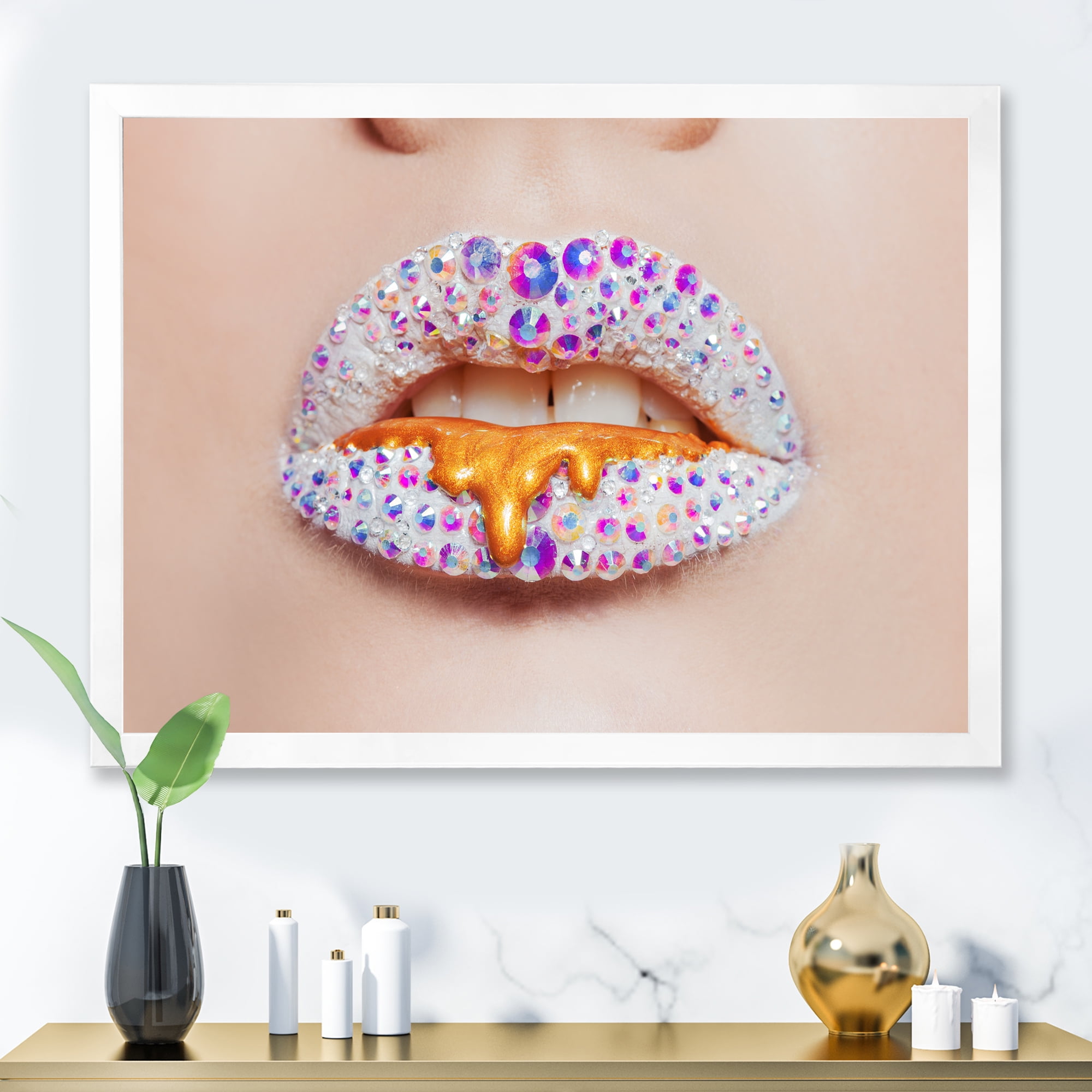 Designart 'Shining Woman Lips Covered With Rhinestones and Smudges' Modern Framed Art Print