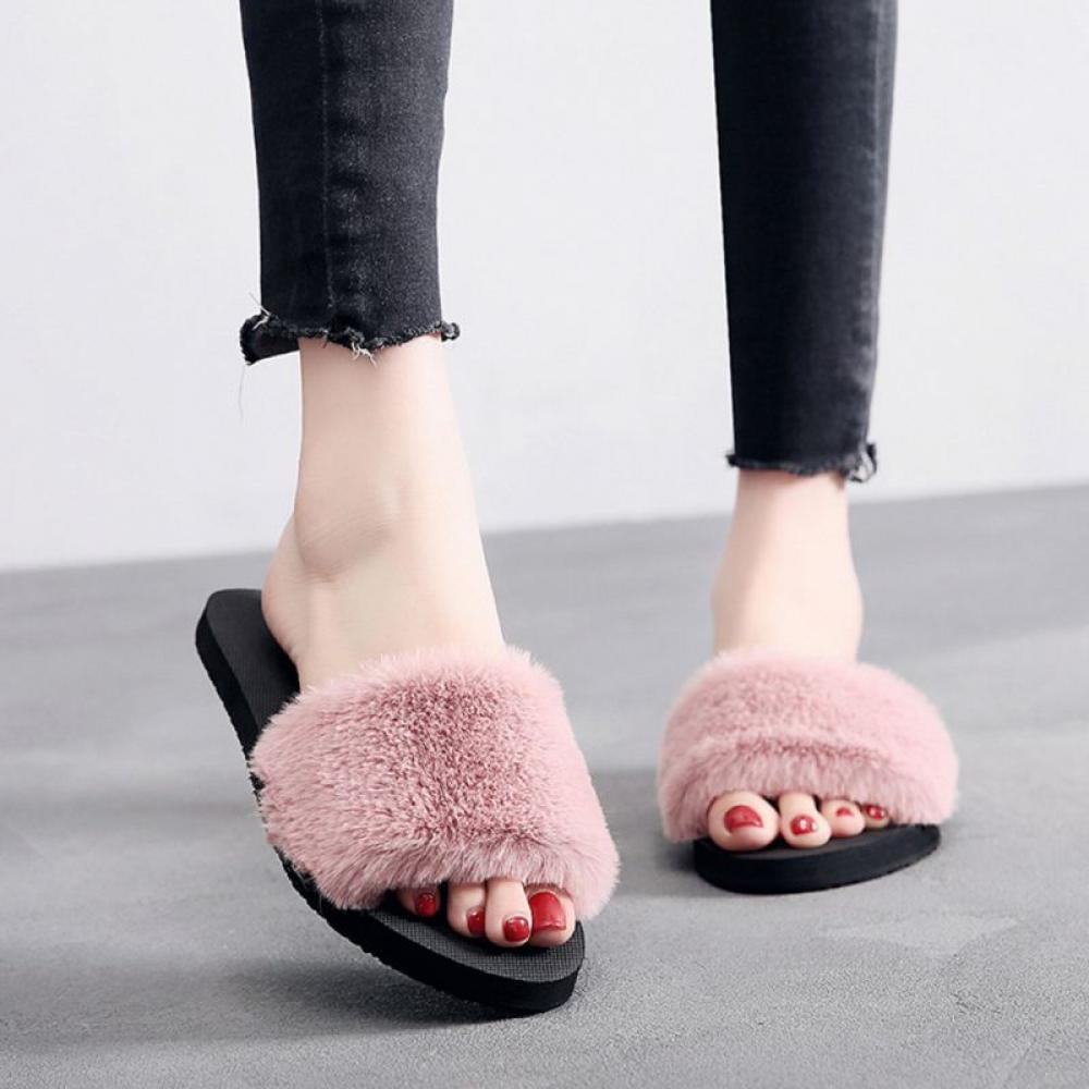 H2K Pearl Peach FUZZY Fur Fashion Slides Flip Flops Sandals Slides Cozy Warm 
