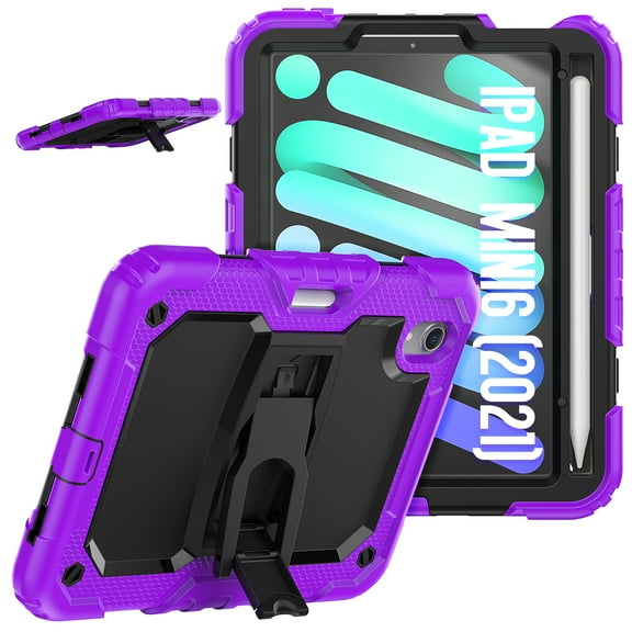 iPad Mini 6 Case 2021 8.3-inch, Dual Layer Shockproof Heavy Duty Rugged Hybrid Kickstand Protective Cover with Shoulder Strap & Pencil Holder, Purple