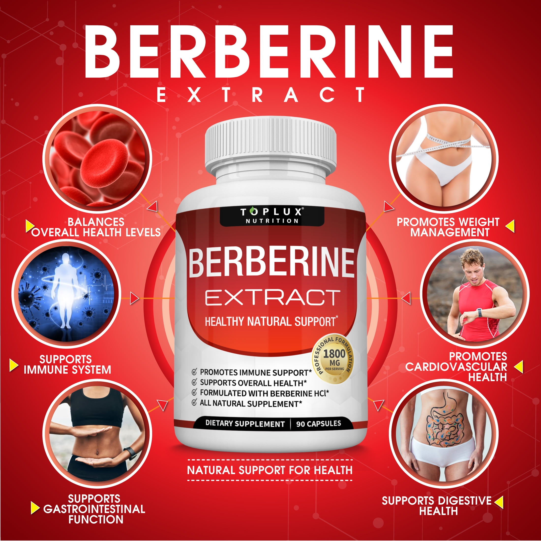 Toplux Berberine Supplement 1800mg Pure Berberine Hcl Supports Healthy Levels 90 Capsules