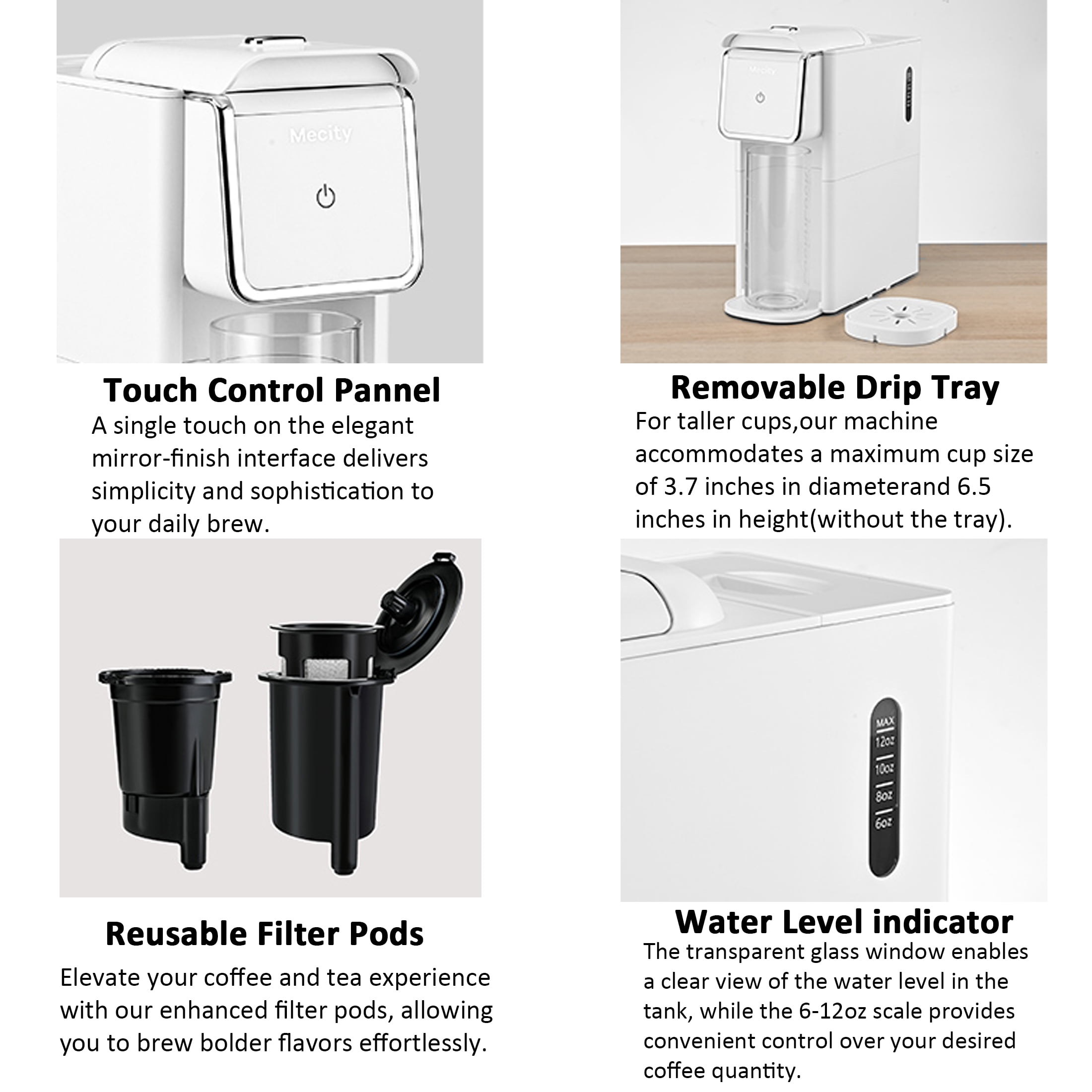 Mecity Mini Coffee Maker - Single Serve for K-Cup, Ground Coffee & Loose Tea, 6-12 Oz Brew Sizes, Includes Water Window & Descaling Mode, White