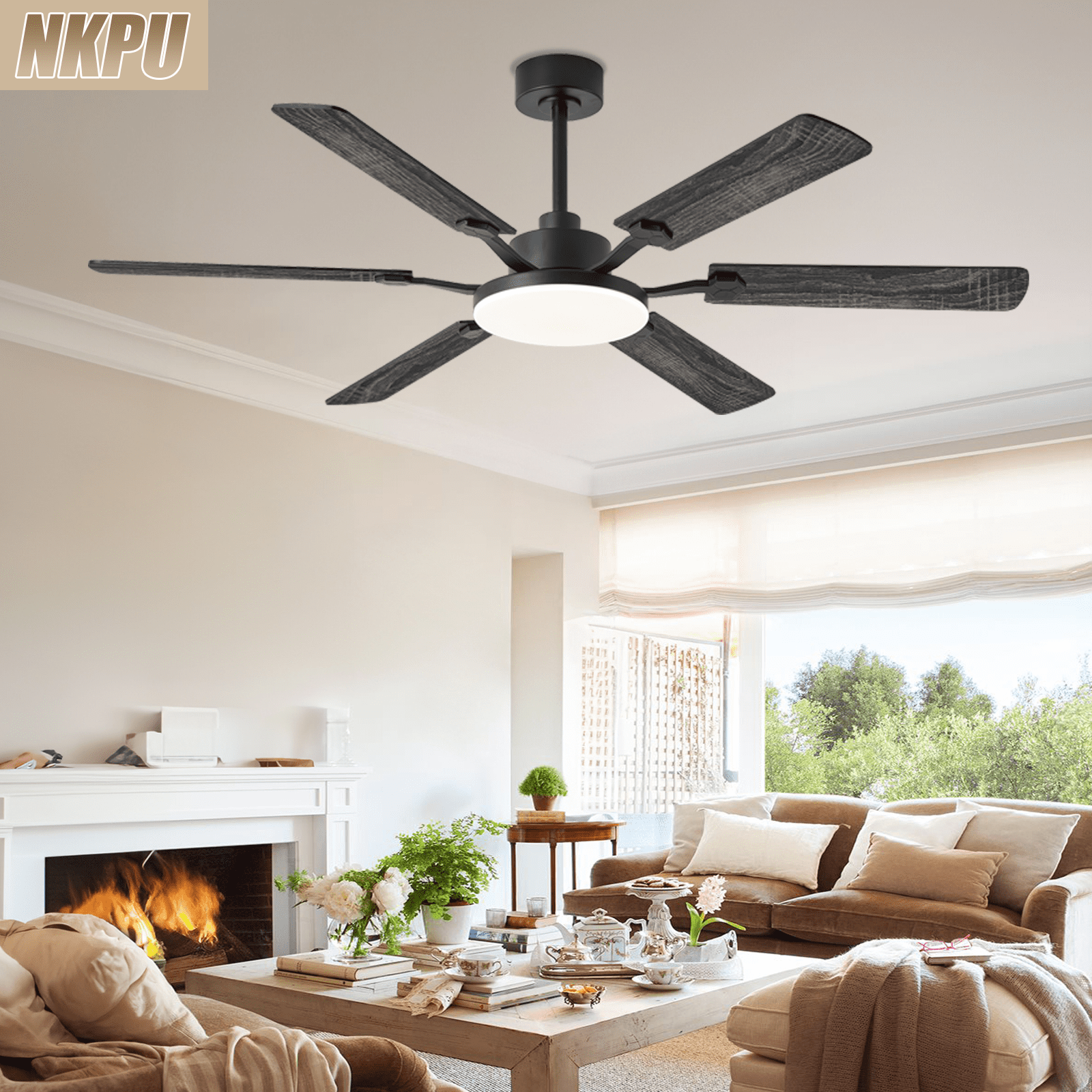 60inch Black Ceiling Fans with Lights and Remote/App Control, Low Profile Ceiling Fan with Light and 6 Double-Side blades, Flush Mount, LED Dimmable DC Reversible Modern Ceiling Fan for Bedroom