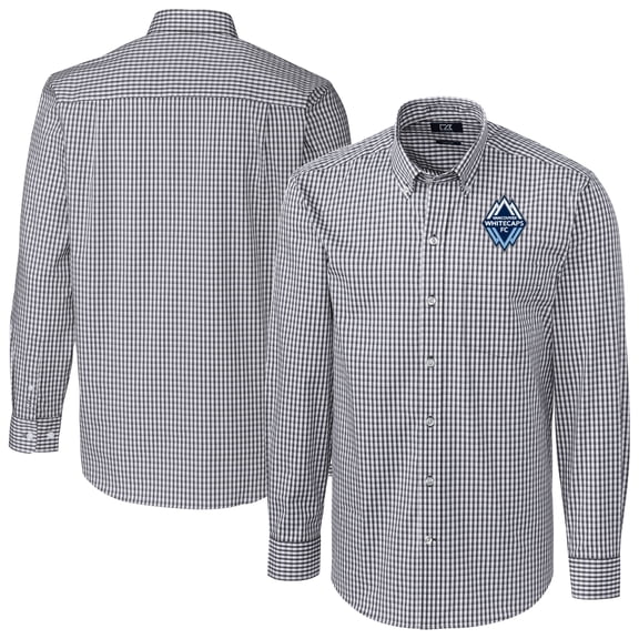 Men's Cutter & Buck Charcoal Vancouver Whitecaps FC Big & Tall Easy Care Stretch Gingham Long Sleeve Dress Top