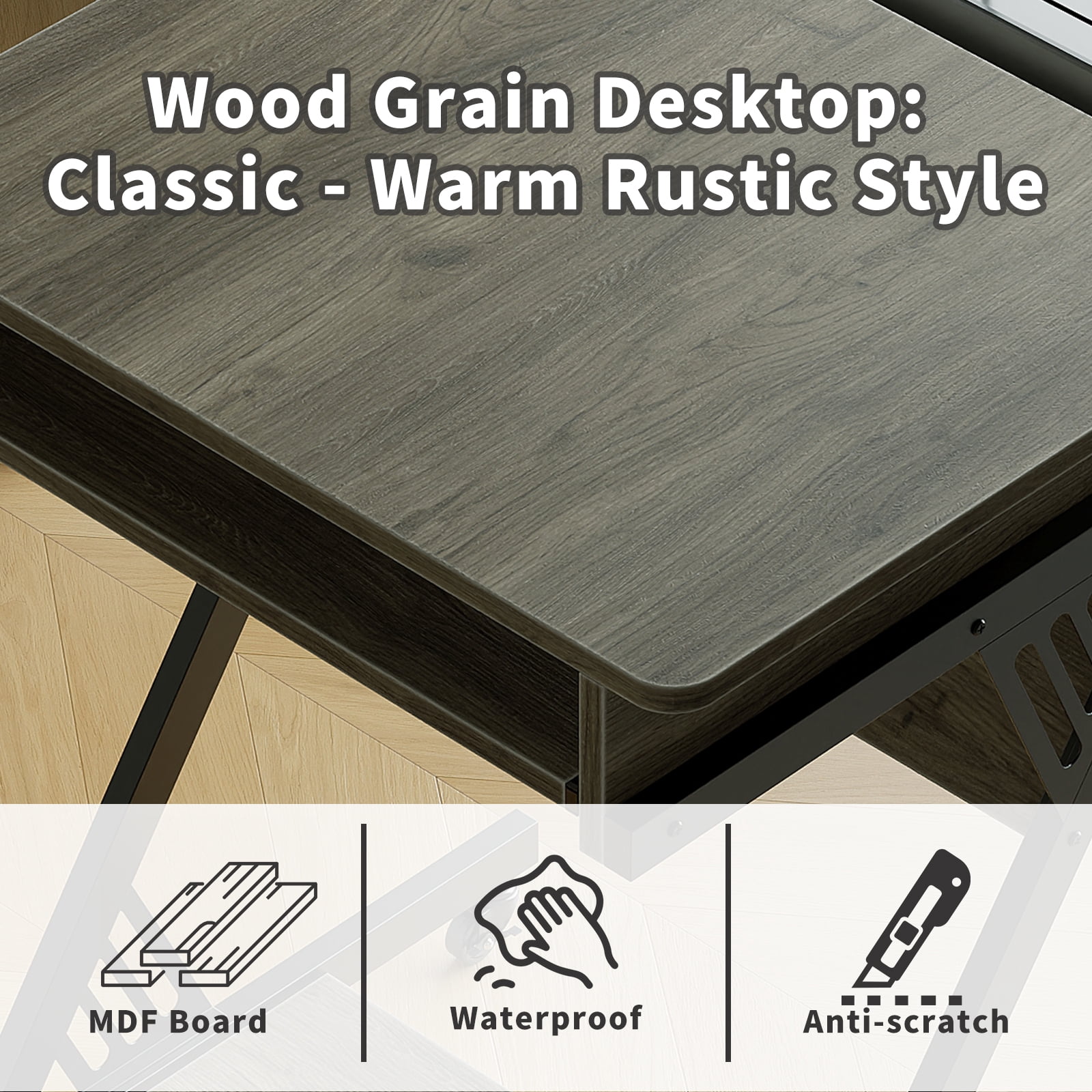 NEWSENDY Mobile Computer Desk with Pull-out Keyboard Tray & Lower Storage Shelf – Rustic Wood Finish Sturdy Fixed-Height Workstation for Adults