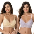 thumbnail image 5 of Curve Muse Plus Size Plunge Unlined Bralette with Floral Lace-2 Pack-LAVENDER,YELLOW-M, 5 of 7