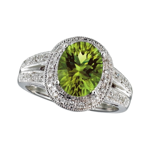 14k White Gold Large Oval Peridot And Diamond Ring
