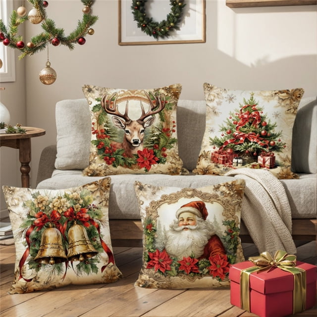 xihome Juego de 4 fundas de cojn navideñas con diseños de renos y muñecos de nieve para decorar sof, cama o sala de estar.