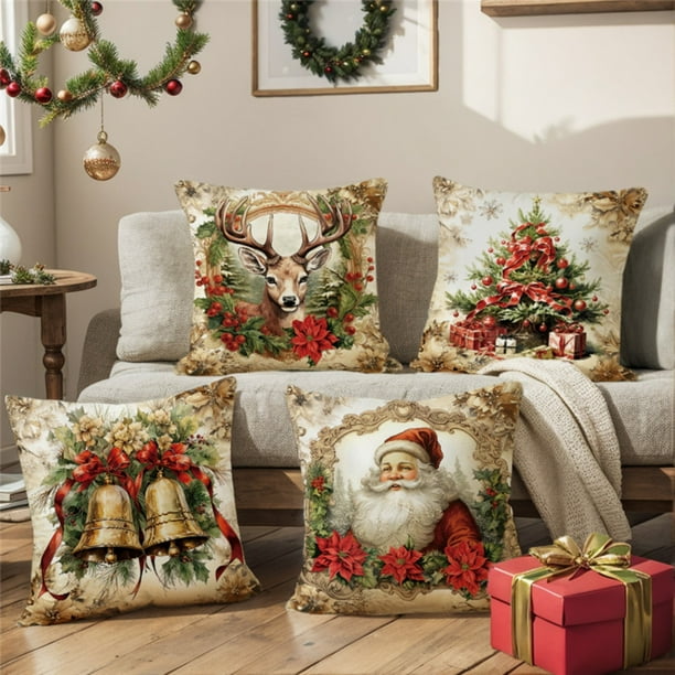 Juego de 4 fundas decorativas navideñas para cojines con diseños de renos y muñecos de nieve.