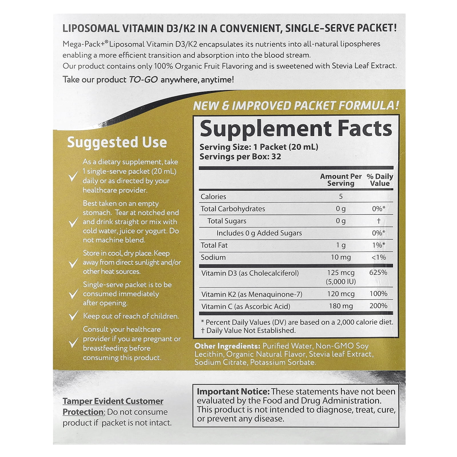 Aurora Nutrascience Liposomal Vitamin D3/K2, 32 Packets, 0.68 fl oz (20 ml) Each