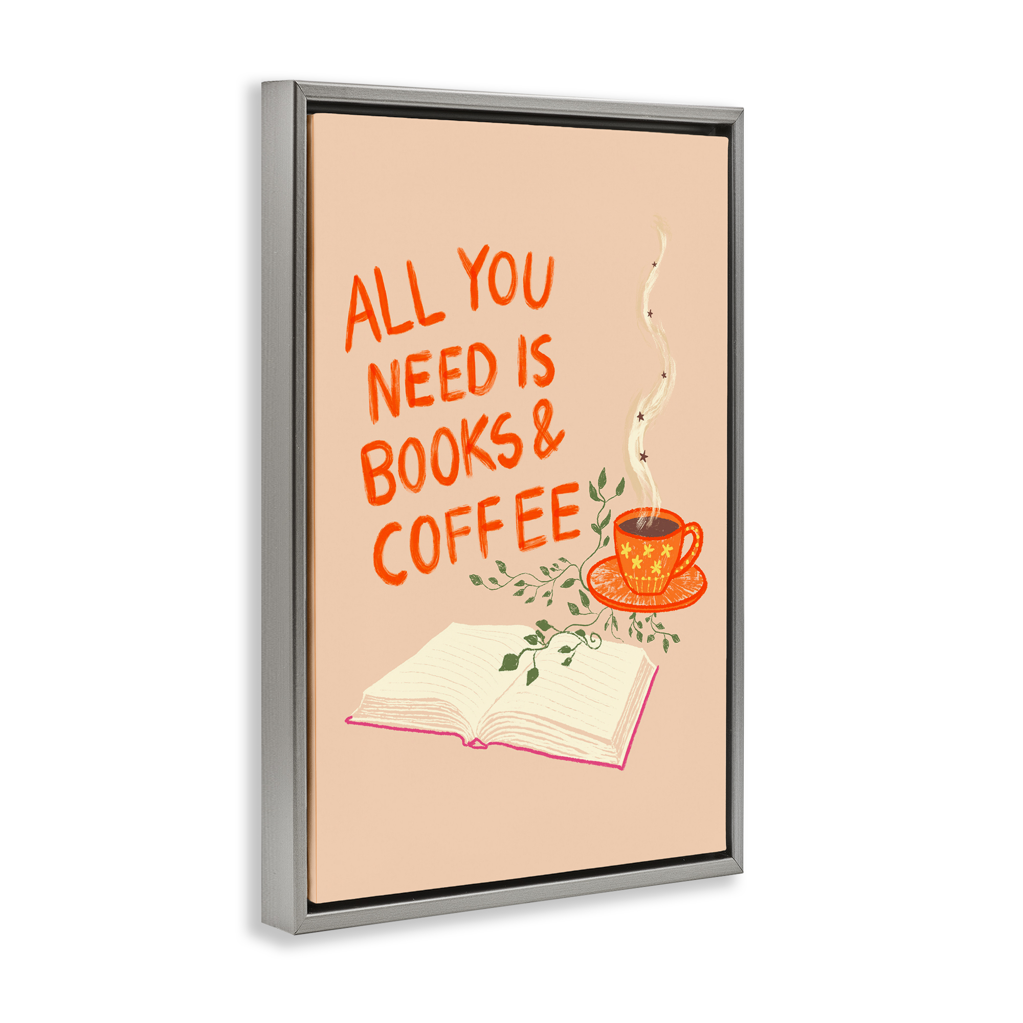 Need Books & Coffee Gray Framed Floater Canvas Wall Art, design by Florentina Dolci