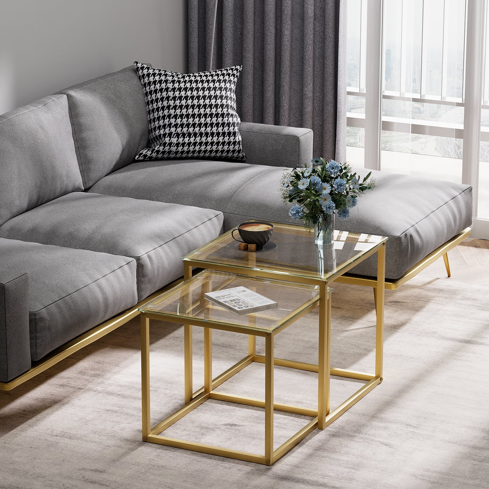 VILAWLENCE Coffee Table Set of 2, Modern Gold Glass Side Table