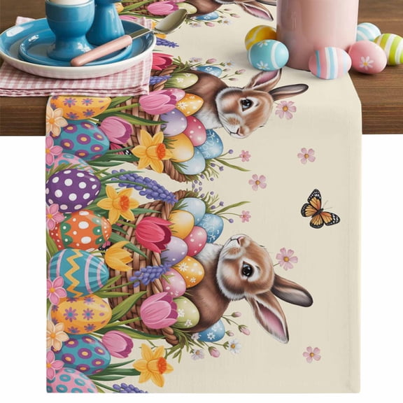 Easter Rabbit Table Runner, Spring Basket Eggs Bunny Floral Beige Background Cotton Linen Kitchen Table Decoration Washable Dining Tabletop Runners for Home Party Decor 13x36 Inches