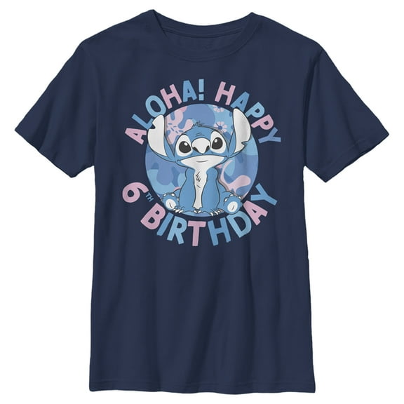 Boy's Lilo & Stitch Aloha Happy 6th Birthday Graphic Tee Navy Blue Medium