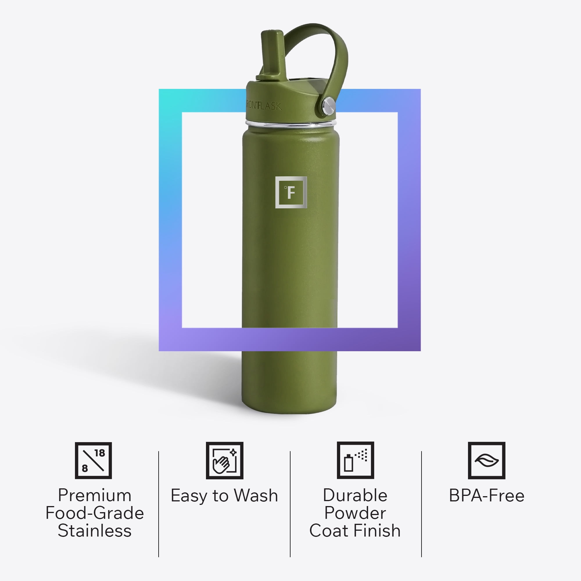 Iron Flask Stainless Steel Water Bottle 22 oz Olive Green with 3 Lids