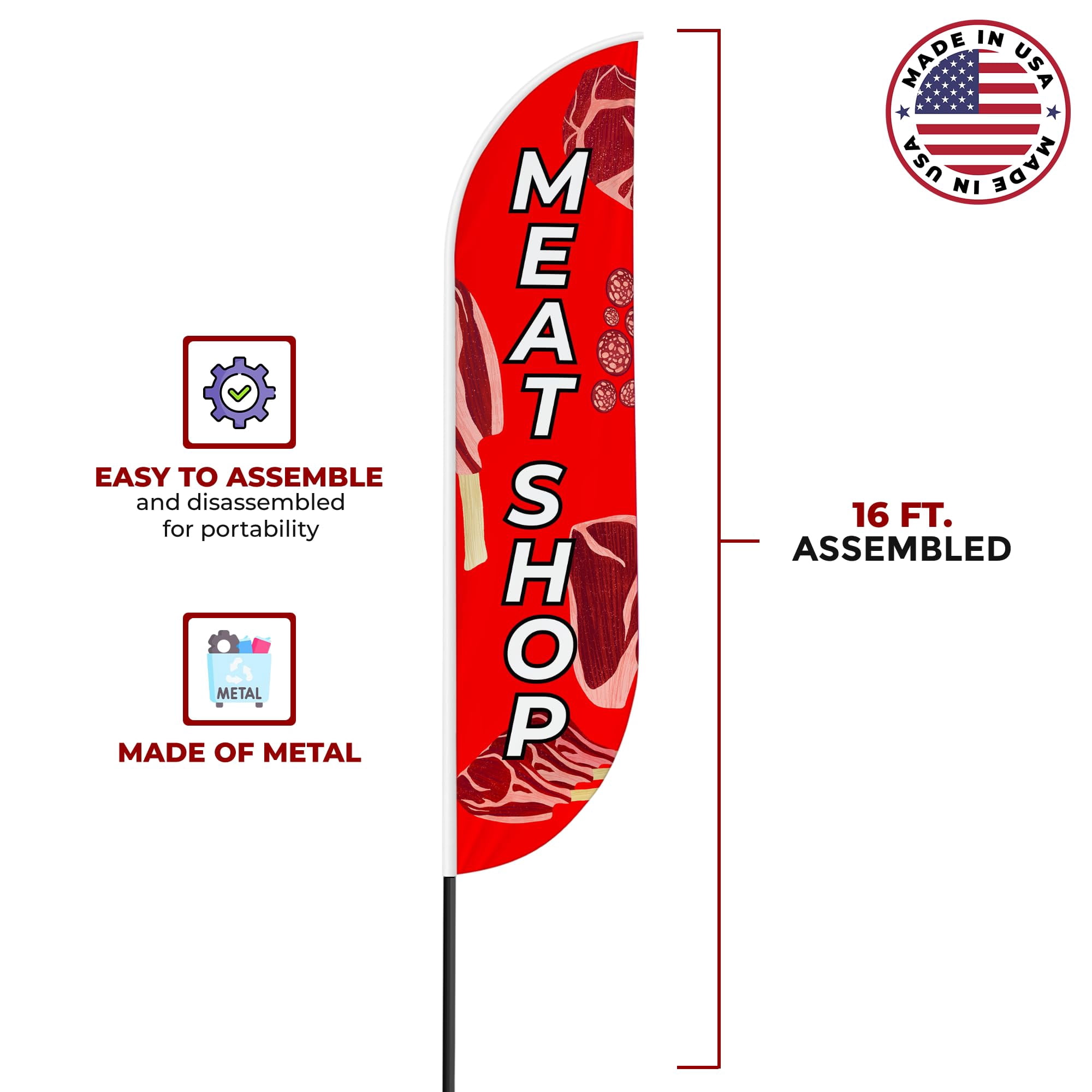 Meat Market 1 Sign feather flag for Outdoor by Mavis Printing | 11.5 FEET Long Polyester Outdoor Banner Flag for Easy Hang | HD Print Swooper IFlag Only to Advertise Meat Market 1 Business IFlag Only