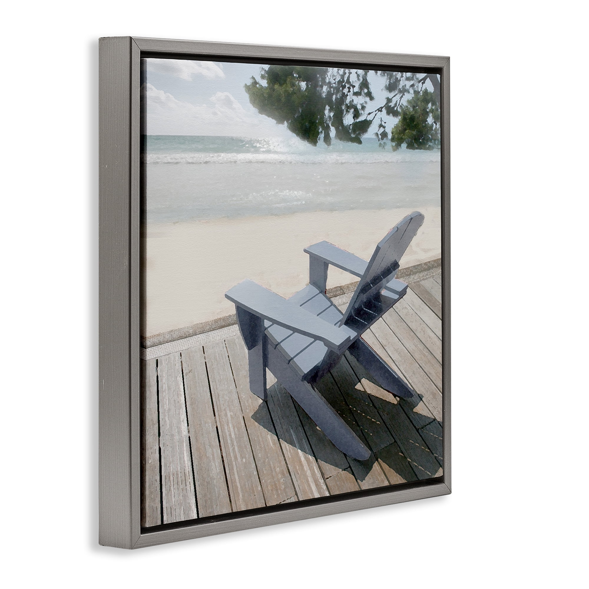 Stupell Industries Greek Chair Beach Landscape Landscape Painting Gray Floater Framed Canvas Art Print Wall Art, 18 x 18