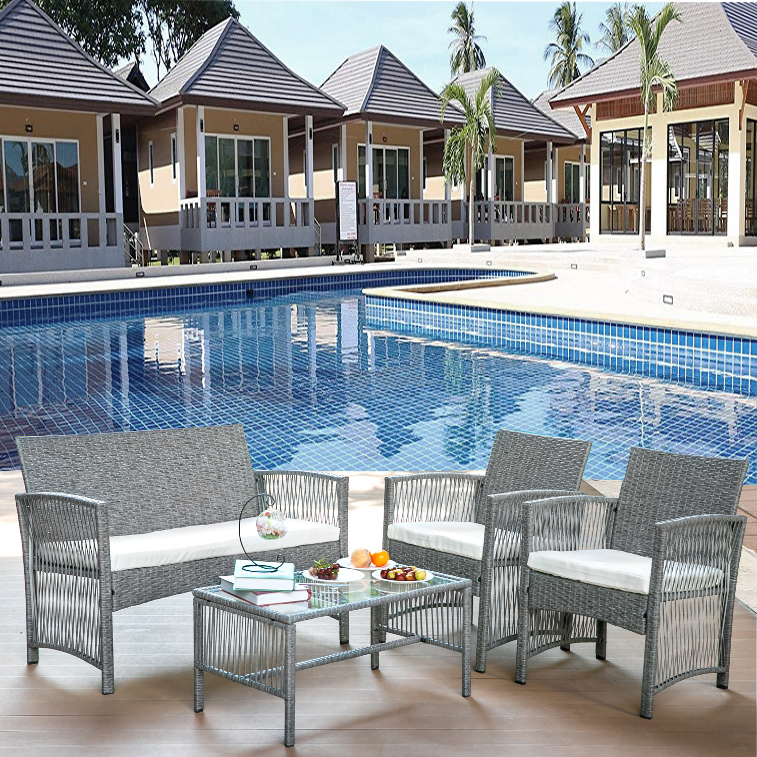 Patio Outdoor Furniture Sets, UHOMEPRO 4 Pieces PE Rattan Garden Furniture Wicker Chairs Set with Coffee Table, Outdoor Conversation Sets, Patio Dining Set for Backyard Poolside Porch, Gray, W7764 - image 3 of 11