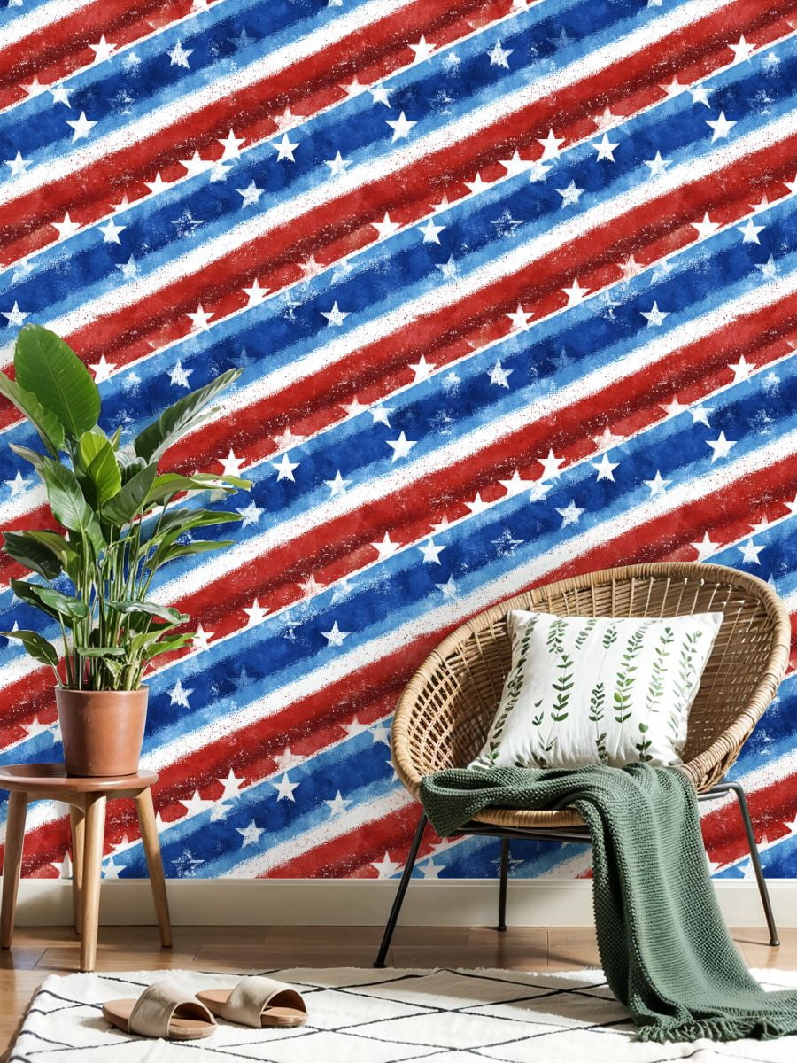 Peel and Stick Wallpaper flag watercolor seamless American national holiday Wall Mural 23.6in x 9.8ft Self Adhesive Removable Wall Paper Renter Friendly Wallpaper for Bedroom Bathroom
