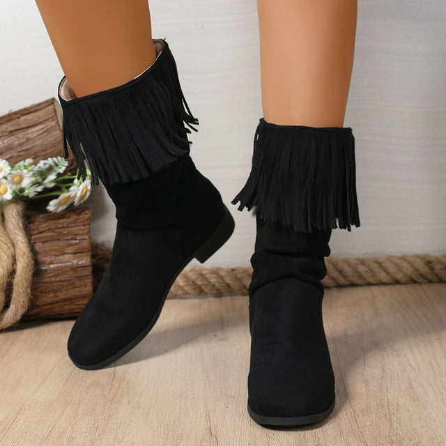 Styesk Bottes pour Femmes Bottes pour Femmes Mode Décontractée Style Printemps et Été Couleur Unie Bout Rond Manches à Franges à Empiècements Talon Bas Bottes Mi-Mollet Bottes de Travail pour Femmes