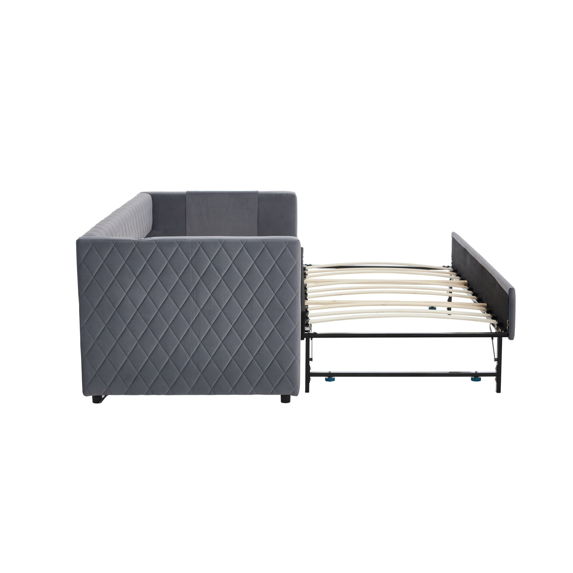 Noble House Velvet Daybed with Trundle, Wooden Frame and Diamond Grid Upholstery, Modern Living Room, Gray