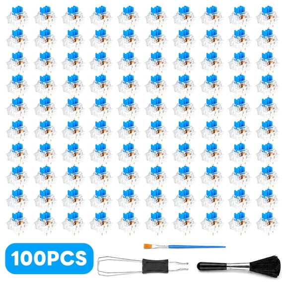NEZART 100 Pcs Blue 3-Pin clicky Tactile Mechanical Keyboard Switches, Dustproof with Switch Puller & Cleaning Brush, Fit Gaming Keyboards & Diy 3D Printed Projects