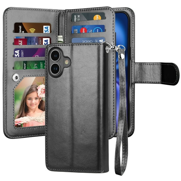 iphone 16 Plus Phone Case, Leather Wallet Case for Apple iphone 16 Plus, Ebizware Credit Card Cash Holder Folio Flip [Detachable] Kickstand Magnetic Cover & Lanyard for Women Men [Black]