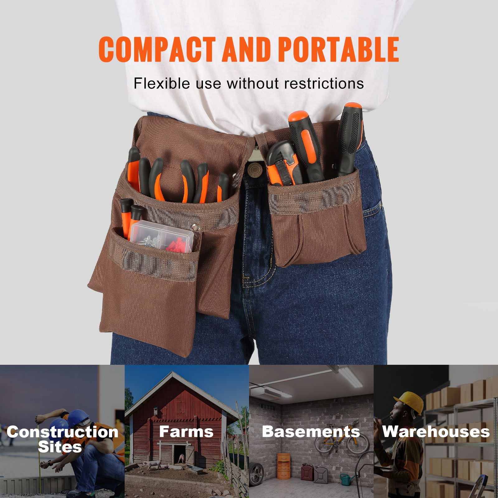 Polyester Tool Belt with Reinforced Stitching Rivets, Heavy Duty Adjustable Work Belt, Comfortable No-Itch Tool Pouch for DIY Construction Carpenter