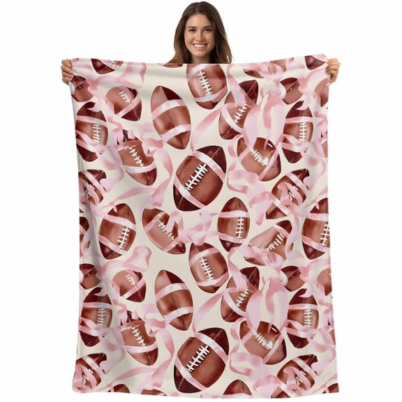 Flannel Fleece Throw Blanket Rugby Football Pink Bow Lightweight Soft Plush Blankets,Sports Lover Cozy Warm Throw Blanket for Couch Sofa Bed Car Office All Season Use 40x50in