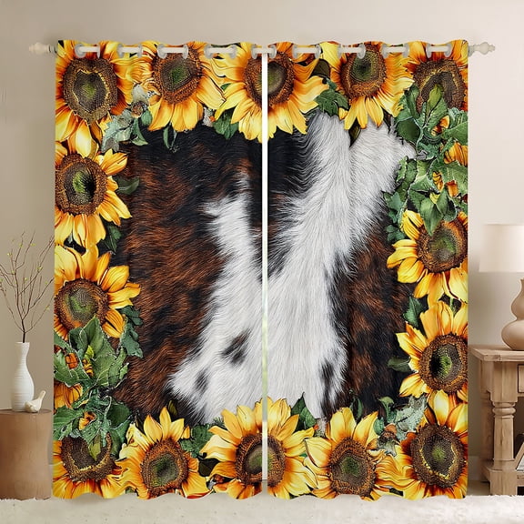 jejeloiu Retro Rustic Sunflower Blackout Curtains Set of 2 (52x84 Each),Cowhide Pattern Window Curtains,Yellow Brown White Curtains and Drapes Fpr Men Women,Luxury Bedroom Decor