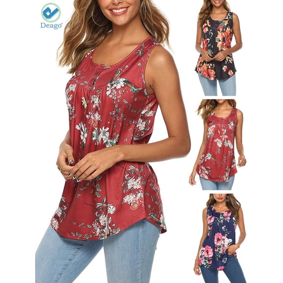 Deago Women's Plus Size Flowy Tank Tops Summer Sleeveless Loose Fit Pleated Tunic Shirts (Dark Red, M)