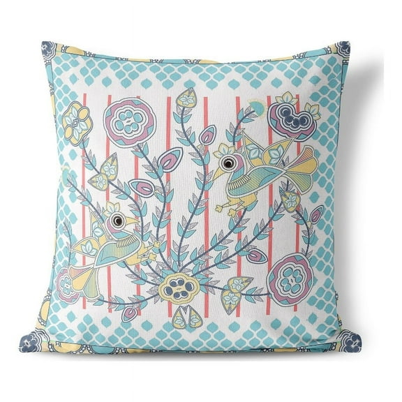 Aquatic Peacock Indoor/Outdoor Pillow with Removable Cover in Blue 16x16