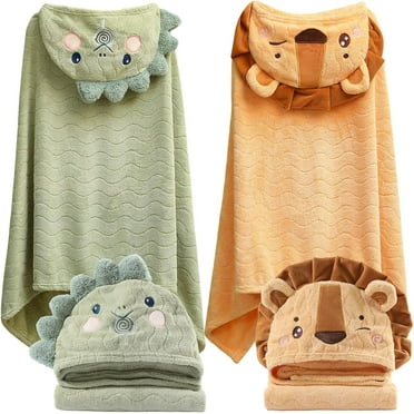 Cuopluber Baby Hooded Towel, 27.5"x 55" Infant Bath Towels with Hood, Toddler Towels Ultra Absorbent Soft Thick Coral Kids Bath Towel for Newborns, Infants, Toddlers (Dinosaur   Lion)