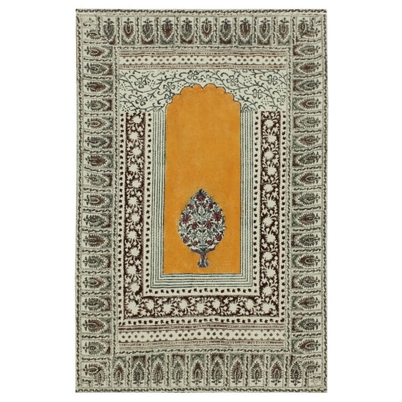 Casavani Beige Block Printed Cotton Rug Kitchen Carpets Home Decor Kilim 2x3 feet