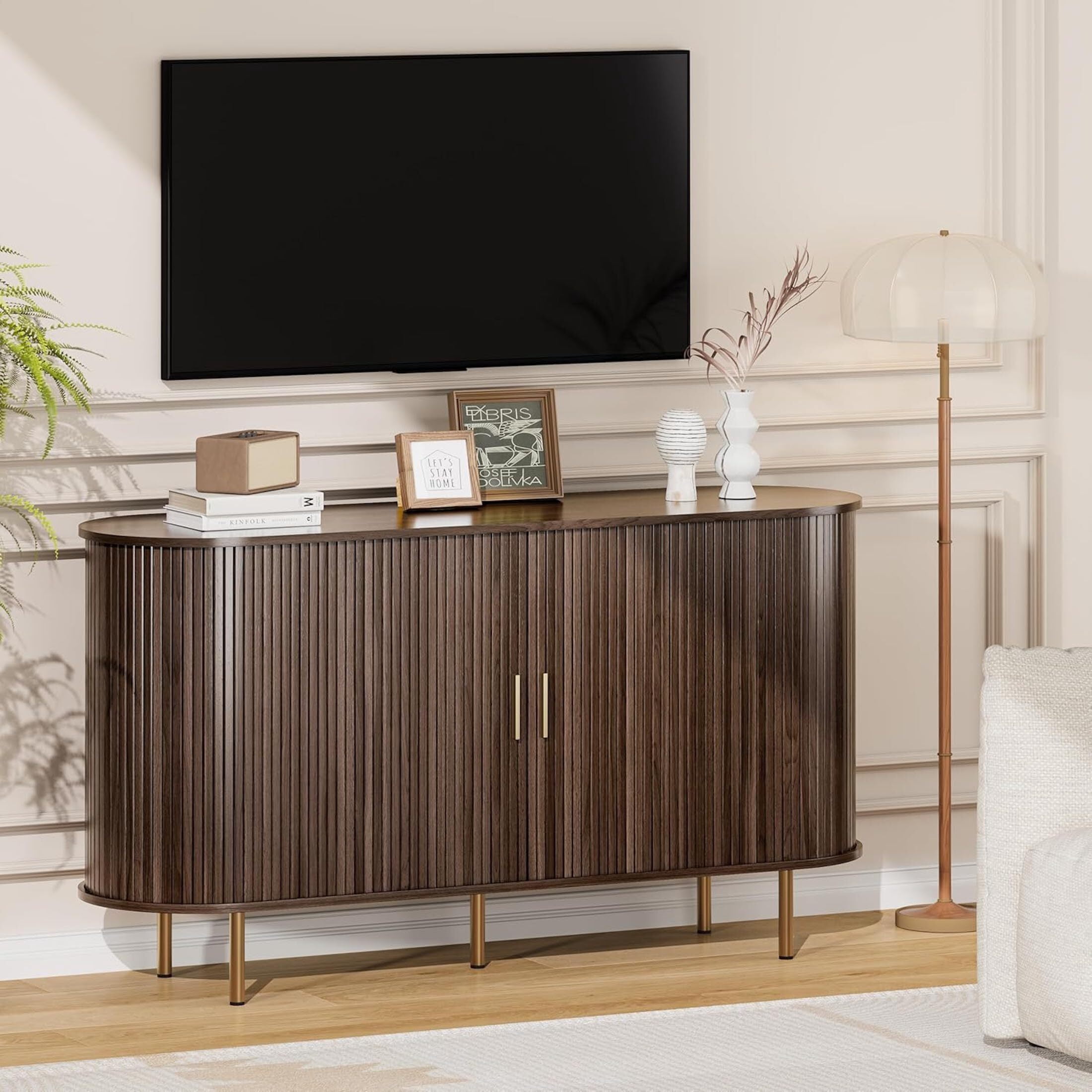 Aisword Sideboard Buffet Cabinet with Storage,Mid Century Modern Fluted Accent Coffee Bar Console Table,Tambour Sliding Doors& Adjustable Shelf for Kitchen, Living Room, Entryway, 55 Inch Dark Walnut
