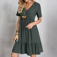 thumbnail image 2 of Moxiu Sundresses for Women 2025 Short Sleeve Elegant Mini Dress Plus Size Pleated Summer Casual Dresses Flowy V Neck Beach Dress Dark Gray,XXXXL, 2 of 6