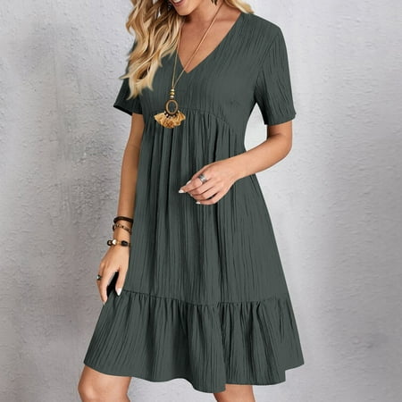 FDGIU ‌2025 Women s Boho Tiered Swing Dress‌ - Summer V-Neck Ruffle Sleeve Midi Dress with Pockets | Lightweight A-Line Sundress