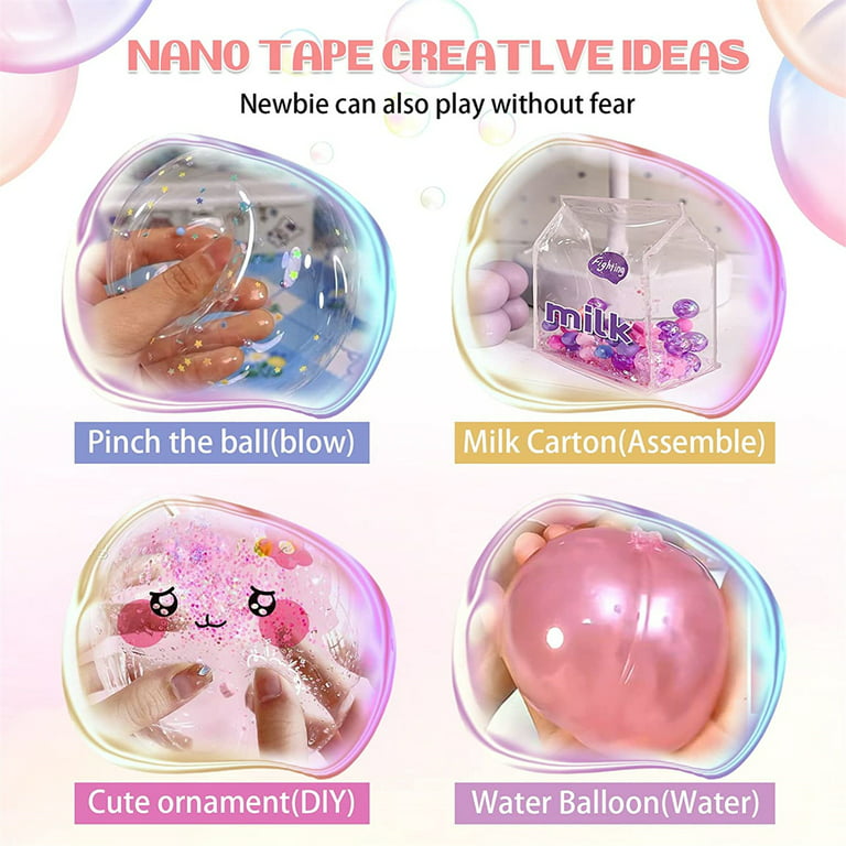 Nano Double Tape Bubbles Kit,Double Sided Tape Magic Plastic Bubbles with  10 Straws and 12 Packs Glitter,Nano Tape Elastic Bubble Squishy DIY  Kit,Party Favors Toys Gift for Kids, Adults (Clear) 
