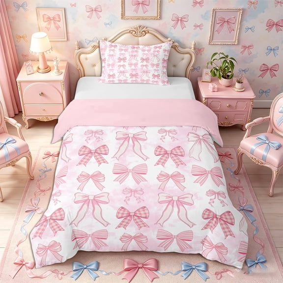 Meiyoeat Cute Bow Print Twin Duvet Cover, Watercolor Gingham Pattern Twin Bedding, Pink White,2pcs,No Comforter,Pink Reversible