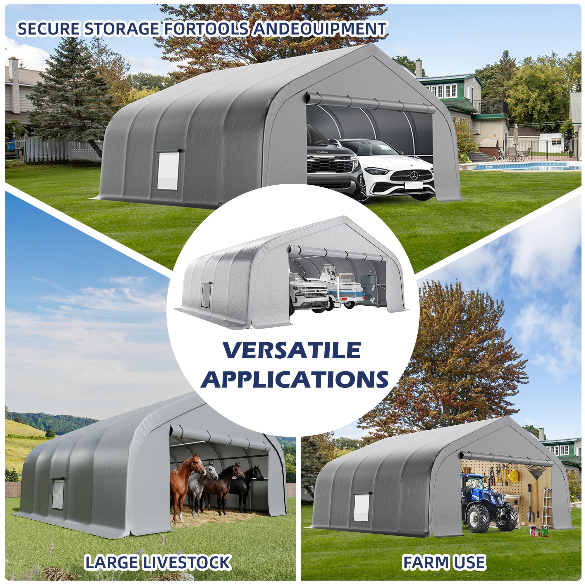 Mellcom 20x20 ft Carport, Heavy Duty Carports and Shelters with Galvanized Steel Frame and Waterproof 3-Layer PE Cover, Fits 2 Cars, Boat, Farm Equipment, Silver Gray