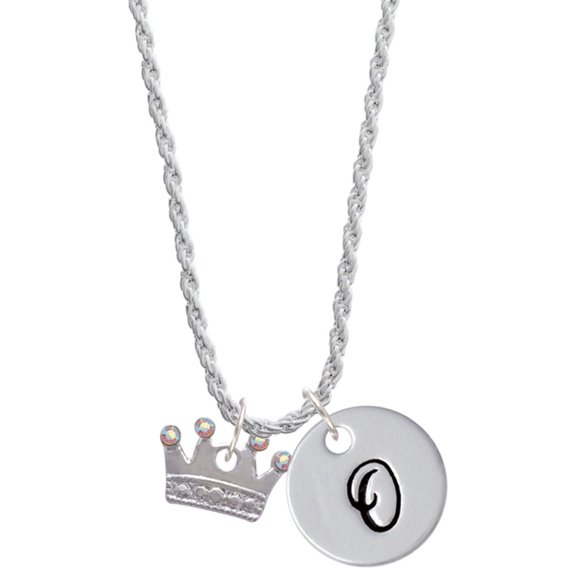 Delight Jewelry Silvertone Crown with Crystals and Textured Bottom Silvertone Script Initial Disc - O - Charm Necklace, 20" 3"