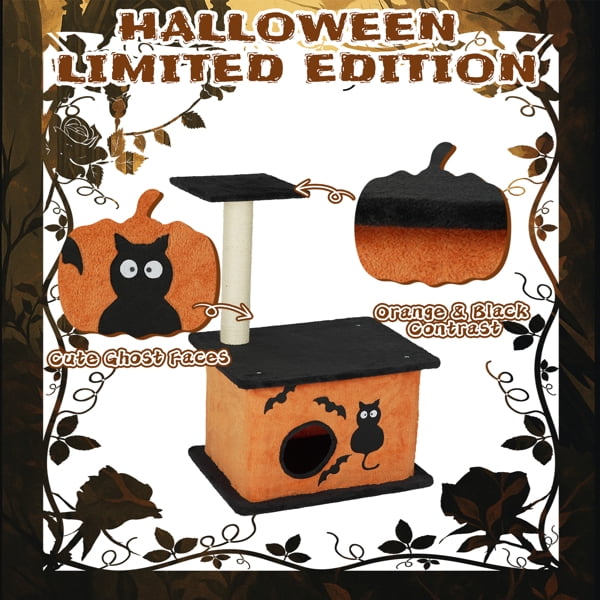 33" Halloween Cat Tree with Spacious Condo & Scratching Post - Orange & Black Cat Tower for Indoor Cats, Large Platform