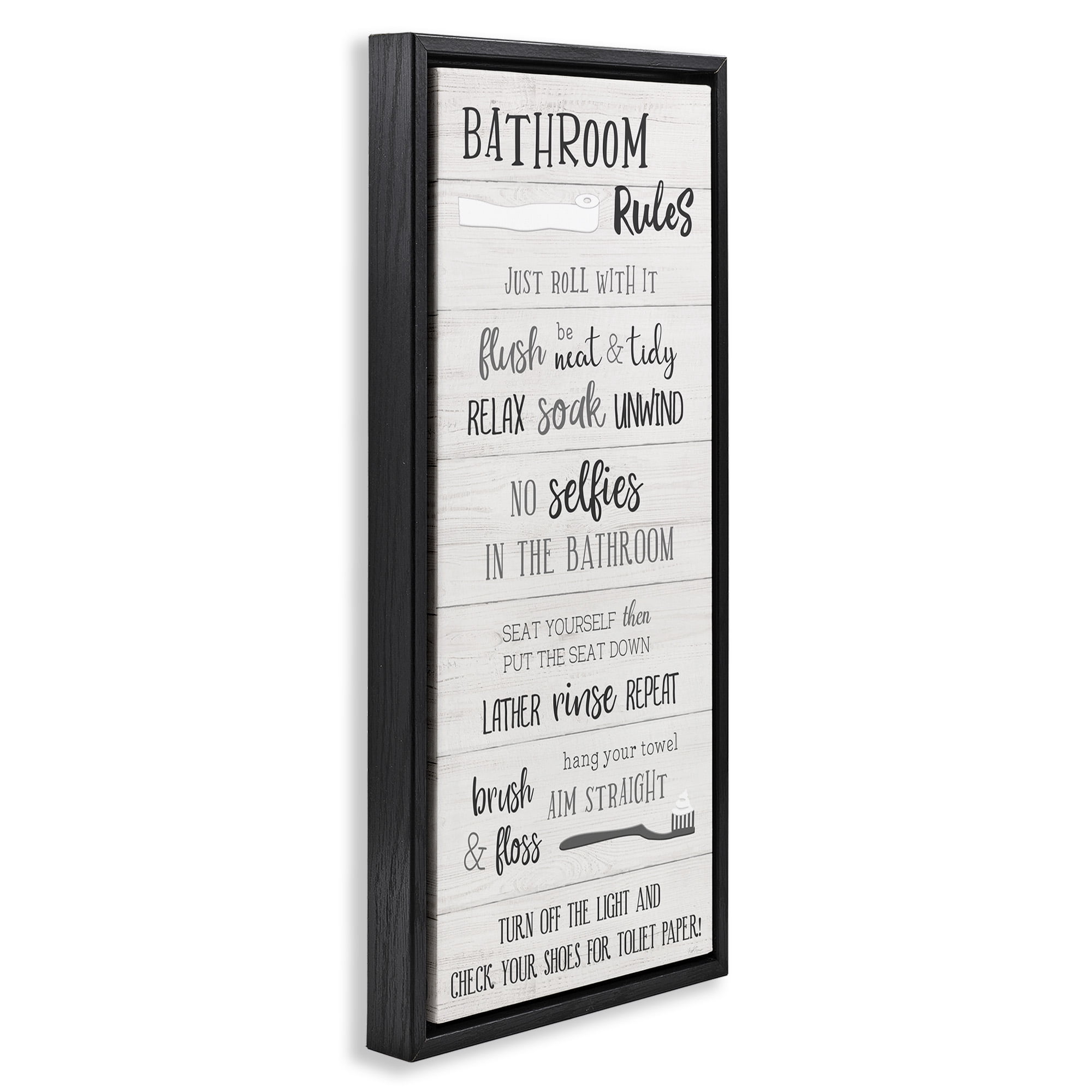 Stupell Industries Fun Bathroom Rules Sign Abstract Painting Black Floater Framed Canvas Art Print Wall Art, 15 x 31