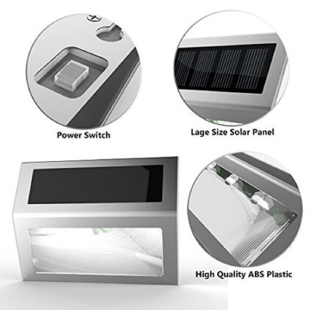 Solar Stair Light, EpicGadget Waterproof Outdoor LED Step Lighting 3 LED Solar Powered Step Lights Stainless Steel Outdoor Lighting for Steps Paths Patio Stairs (6 Pack) - image 3 of 5