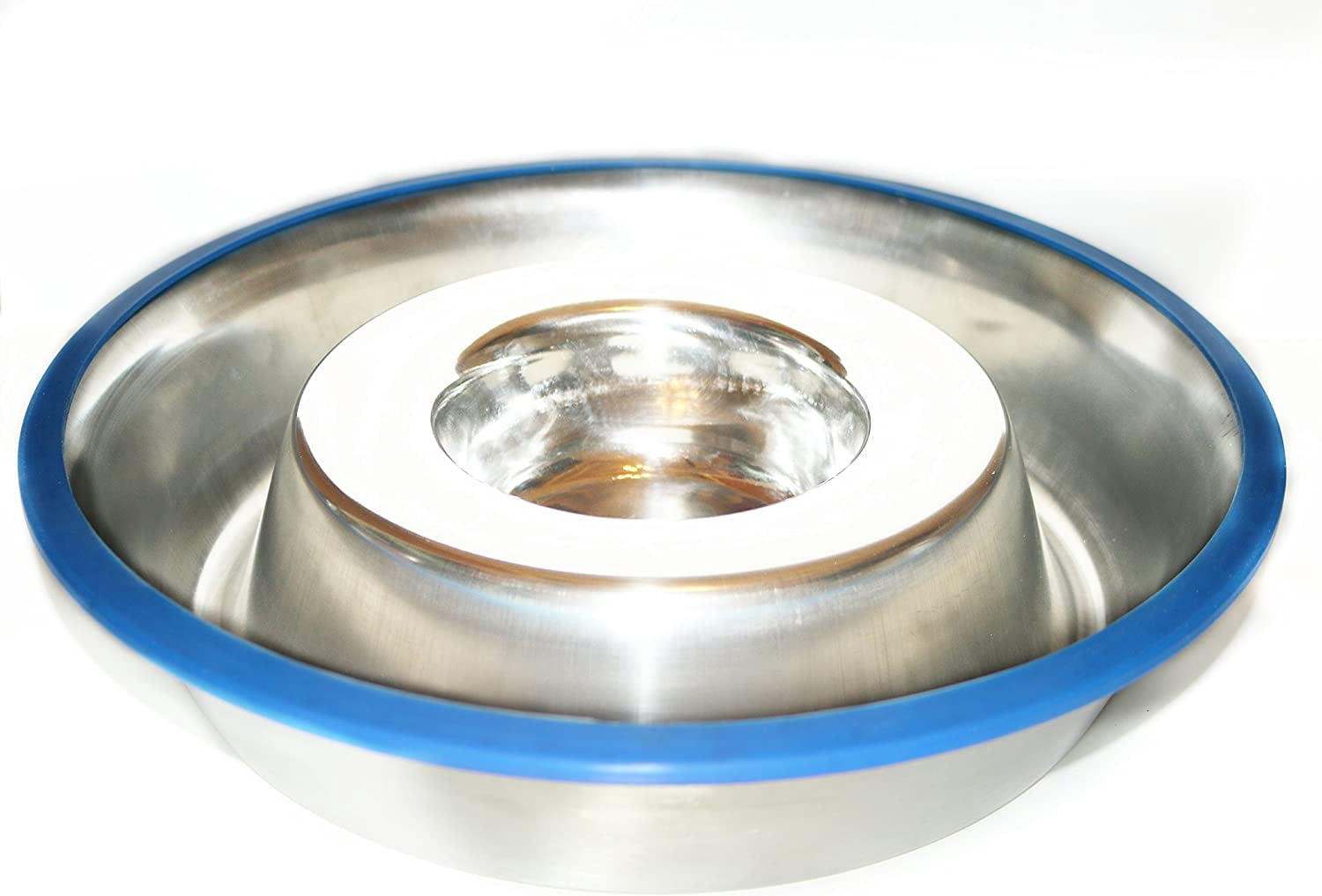Stainless Steel Interactive Slow Feed Dog Bowl with a Blue Base, Fun Healthy Bloat Stop Feeder (Large)
