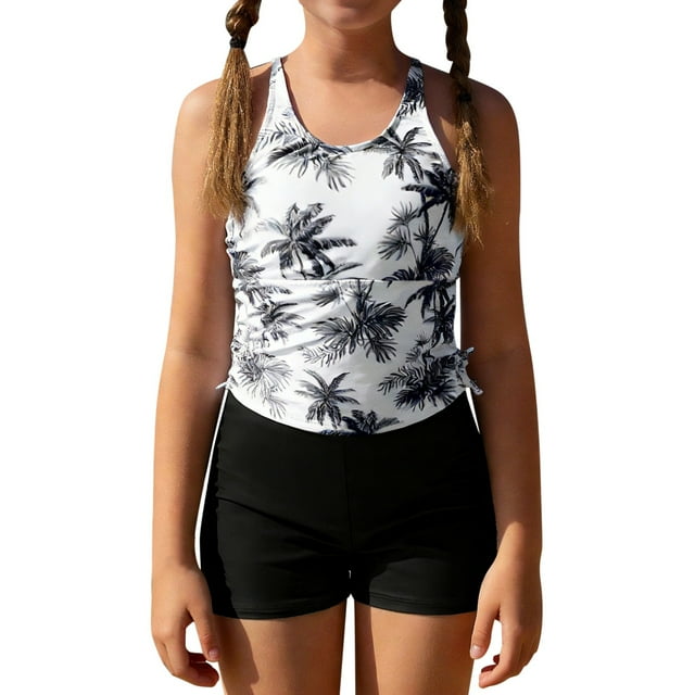 LIJCC Girls' 2-Piece Tank Rash Guard Swim Set – Cross-Back Top with Black Palm Tree Print, Matching Solid Black Swim Shorts, Perfect for Beach/Pool/Outdoor Water Fun